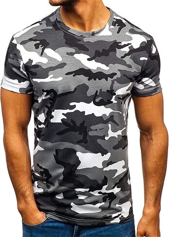 Men's Regular Fit Camo Crewneck T-Shirt Short Sleeve Camouflage Shirt Tops Slim Athletic Military Pullover Tees in Kuwait