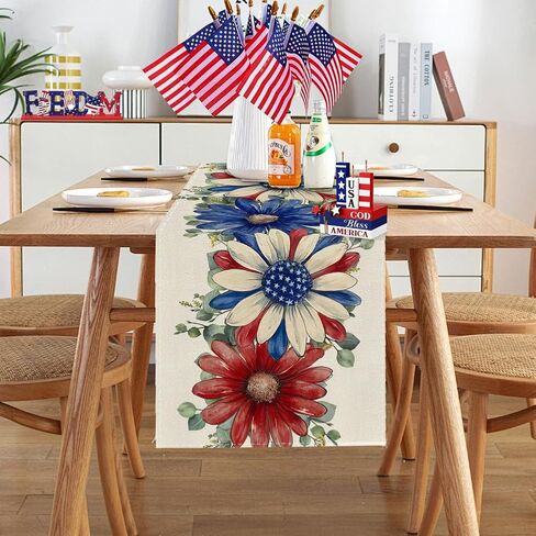 RABUSOFA Floral Patriotic Fourth of July Table Runner,Seasonal Memorial Day Kitchen Dining Table 4th of July Decorations for Home Party Decor 13x72 Inch in Kuwait