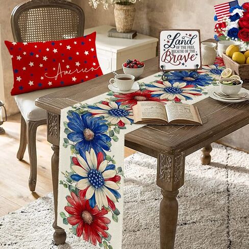 RABUSOFA Floral Patriotic Fourth of July Table Runner,Seasonal Memorial Day Kitchen Dining Table 4th of July Decorations for Home Party Decor 13x72 Inch in Kuwait
