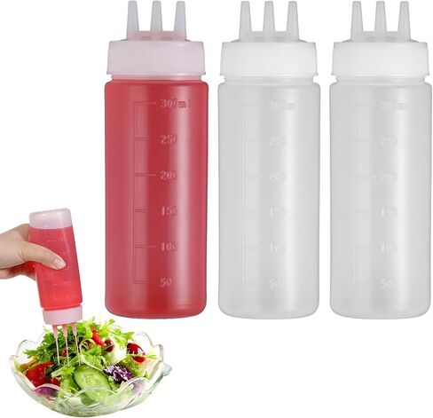 Qianyu 3 قطع 3 فتحات زجاجة ضغط 300 مل / 10 أوقية زجاجات كاتشب الطماطم المطبخ بهار ضغط موزع حاوية لصلصة الكاتشب الخردل شراب النفط شواء الطلاء فطيرة العسل in Kuwait