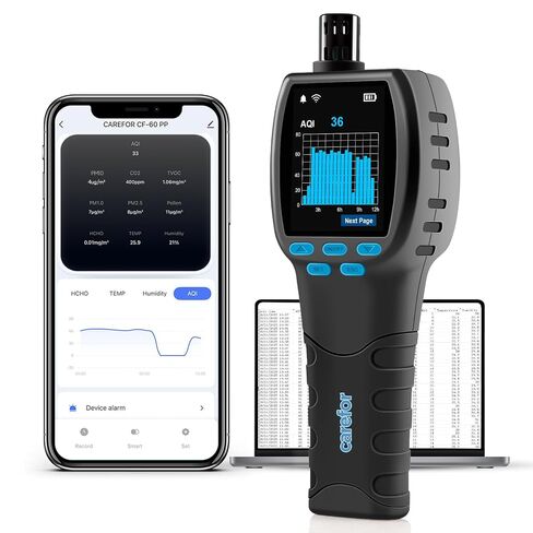 Air Quality Monitor CF-60PP WiFi Air Quality Detector PM1.0 PM2.5 PM10 HCHO TVOC Pollen AQI Tester for Indoor/Outdoor TFT Color Display Rechargeable Custom Alarm CSV Report Download in Kuwait