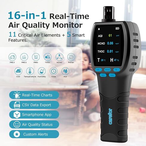 Air Quality Monitor CF-60PP WiFi Air Quality Detector PM1.0 PM2.5 PM10 HCHO TVOC Pollen AQI Tester for Indoor/Outdoor TFT Color Display Rechargeable Custom Alarm CSV Report Download in Kuwait