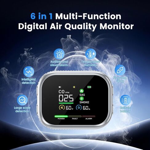 6-in-1 Steadfast Haven Air Quality Monitor, Plug-in with Battery Backup, Portable Temperature Humidity Meter with LCD Display for Home, Kitchen, RV, Travel (1, Grey) in Saudi Arabia