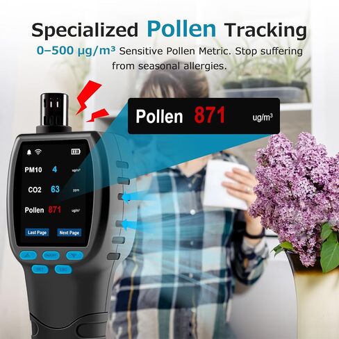 Air Quality Monitor CF-60PP WiFi Air Quality Detector PM1.0 PM2.5 PM10 HCHO TVOC Pollen AQI Tester for Indoor/Outdoor TFT Color Display Rechargeable Custom Alarm CSV Report Download in Kuwait