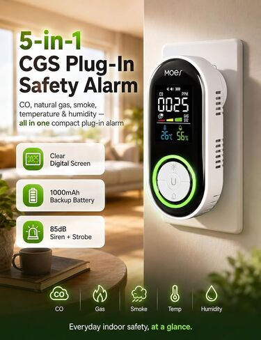 MOES Wall-Plug Home C·O، G·as & S·moke Scanner، وحدة كومبو الكل في 1، حزمة واحدة | يوفر مراقبة متزامنة للأبخرة القابلة للاحتراق والجسيمات الداكنة المحمولة بالهواء إلى جانب التحديثات الحرارية الفورية. in Kuwait