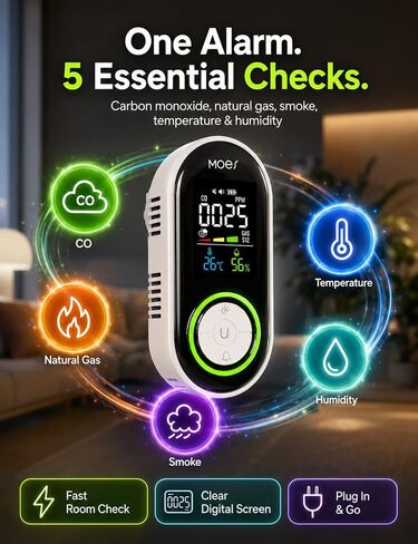 MOES Wall-Plug Home C·O، G·as & S·moke Scanner، وحدة كومبو الكل في 1، حزمة واحدة | يوفر مراقبة متزامنة للأبخرة القابلة للاحتراق والجسيمات الداكنة المحمولة بالهواء إلى جانب التحديثات الحرارية الفورية. in Kuwait