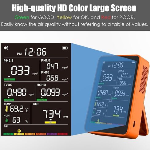 Professional Indoor Air Quality Monitor with AQI Alerts, Portable Real-Time Detector for Home, Car, Plants & Pet (CInk Amber Orange) in Kuwait