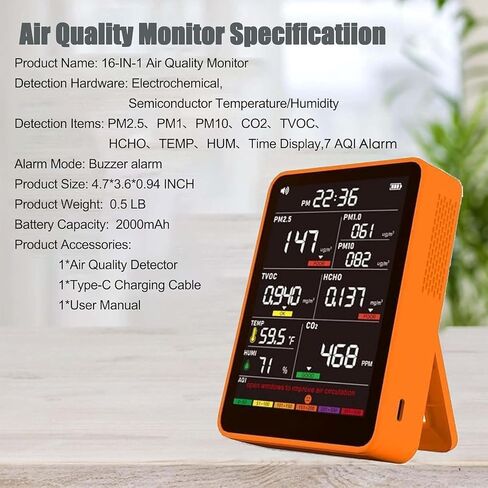 Professional Indoor Air Quality Monitor with AQI Alerts, Portable Real-Time Detector for Home, Car, Plants & Pet (CInk Amber Orange) in Kuwait