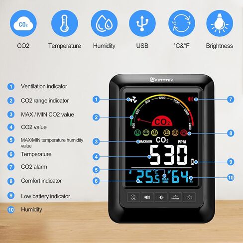 جهاز قياس جودة الهواء الداخلي من KETOTEK CO2، شاشة عرض درجة الحرارة والرطوبة، جهاز قياس ثاني أكسيد الكربون المحمول للمنزل أو السيارة أو المكتب أو المدرسة in Kuwait