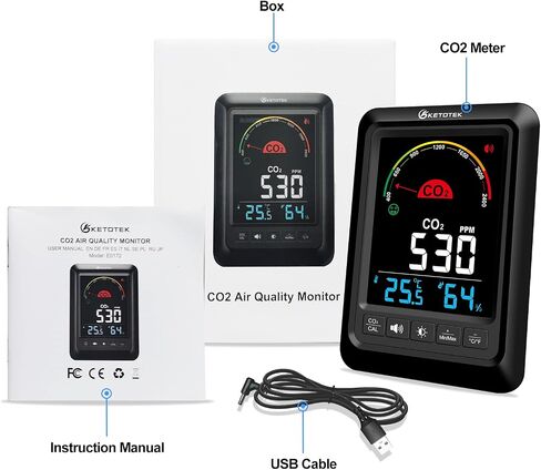 جهاز قياس جودة الهواء الداخلي من KETOTEK CO2، شاشة عرض درجة الحرارة والرطوبة، جهاز قياس ثاني أكسيد الكربون المحمول للمنزل أو السيارة أو المكتب أو المدرسة in Kuwait