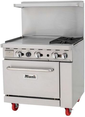 Migali C-RO2B-24GL-LP مجموعة شعلتين من البروبان السائل مقاس 36 بوصة مع فرن بشواية مقاس 24 بوصة - 121,000 وحدة حرارية بريطانية - الجزء الخارجي من الفولاذ المقاوم للصدأ، ومدرج في قائمة ETL والصرف الصحي - مثالي للمساحات التجارية in Kuwait