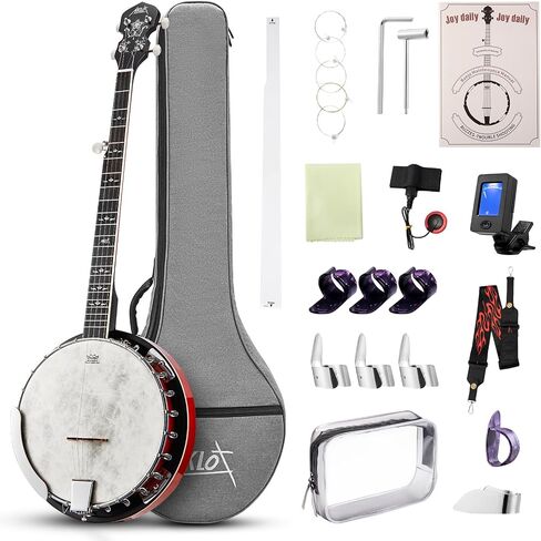 AKLOT Full-Sized Banjo with Remo Head: 38’’ 5 String Banjo Set with Removable Resonator, Geared 5th Tuner, 24 Brackets, Deluxe Beginner Kit with Gig Bag, Strings, Strap, Picks, Tuner, Bridge Ruler（01） in Kuwait