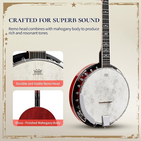 AKLOT Full-Sized Banjo with Remo Head: 38’’ 5 String Banjo Set with Removable Resonator, Geared 5th Tuner, 24 Brackets, Deluxe Beginner Kit with Gig Bag, Strings, Strap, Picks, Tuner, Bridge Ruler（01） in Kuwait