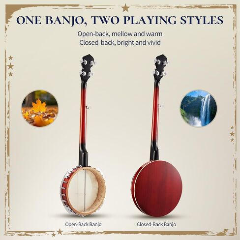 AKLOT Full-Sized Banjo with Remo Head: 38’’ 5 String Banjo Set with Removable Resonator, Geared 5th Tuner, 24 Brackets, Deluxe Beginner Kit with Gig Bag, Strings, Strap, Picks, Tuner, Bridge Ruler（01） in Kuwait