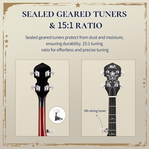 AKLOT Full-Sized Banjo with Remo Head: 38’’ 5 String Banjo Set with Removable Resonator, Geared 5th Tuner, 24 Brackets, Deluxe Beginner Kit with Gig Bag, Strings, Strap, Picks, Tuner, Bridge Ruler（01） in Kuwait