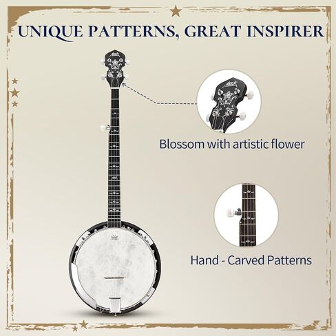 AKLOT Full-Sized Banjo with Remo Head: 38’’ 5 String Banjo Set with Removable Resonator, Geared 5th Tuner, 24 Brackets, Deluxe Beginner Kit with Gig Bag, Strings, Strap, Picks, Tuner, Bridge Ruler（01） in Kuwait