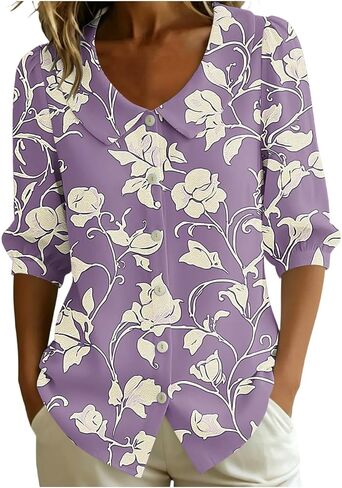3/4 Puff Sleeve Tops for Women Floral Print Button Down Collared Shirts | Soft Lightweight Fabric, Lapel Collar, Full Button Front, Cute Blouses for Daily Resort Wear in Kuwait