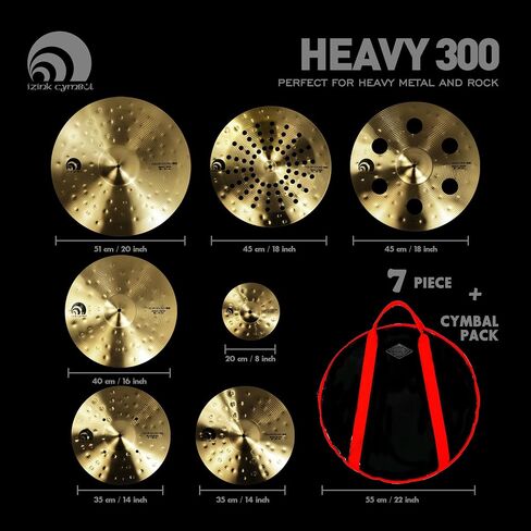 7 Piece Cymbal Set with Bag, Super Polishing Alloy Cymbals for Rock Metal Electronic Music, Includes 20" Ride, 18" Hollow Crash, 18" China Crash, 16" Rock Crash, 14" Hi Hats (2pcs), 8" Splash in Kuwait