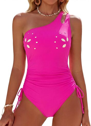 Women One Shoulder One Piece Swimsuit Petal Cutout with Inner Liner Bathing Suit Tummy Control Full Coverage Swimwear in Kuwait