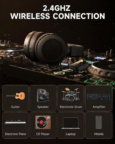 syndesmos 2.4GHz Wireless Headphones for Guitar Amp, 20ms Low Latency, Over Ear Headphones with 6.35mm & 3.5mm Jack for Bass Guitar Studio Monitor & Mixing DJ AMP Keyboard, Black in Kuwait