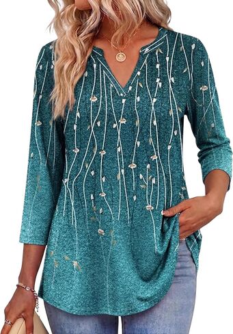 Zeagoo Womens 3/4 Length Sleeve Tops V Neck Tunic Casual Dressy Blouse Floral Printed T Shirts in Saudi Arabia
