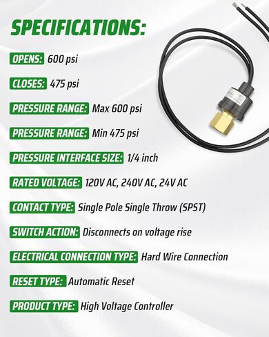 SHP600475 High Pressure Switch, Opens at 600 Psi, Closes at 475 Psi, Automatic Reset, Compatible with Air Conditioning, Refrigeration, Hydraulic & Industrial Systems in Kuwait