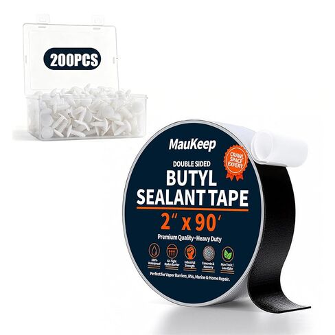 Double Sided Foundation Butyl Sealant Tape (2" x 90FT ) & 200pcs Christmas Tree Fasteners for Crawl Space Encapsulation, Waterproof Vapor Barrier Wall Seal, Double Secure Permanent Fastening Set in Kuwait