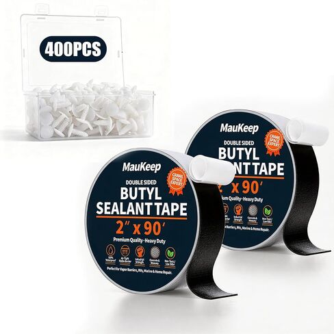 Double Sided Foundation Butyl Sealant Tape (2" x 90FT ) & 200pcs Christmas Tree Fasteners for Crawl Space Encapsulation, Waterproof Vapor Barrier Wall Seal, Double Secure Permanent Fastening Set in Kuwait