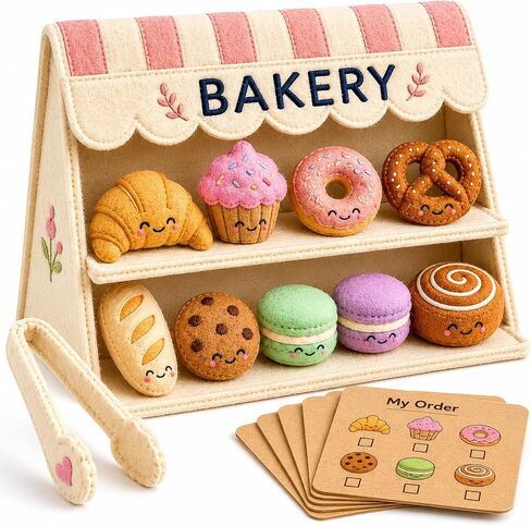 juju Felt Bakery Stand – Cream and Blush Striped Awning with Embroidered BAKERY Sign – 8 Soft Felt Pastries with Kawaii Faces – Fold-Flat Design with Fabric Tongs and Order Cards in Kuwait