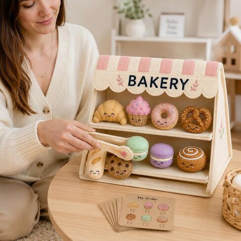 juju Felt Bakery Stand – Cream and Blush Striped Awning with Embroidered BAKERY Sign – 8 Soft Felt Pastries with Kawaii Faces – Fold-Flat Design with Fabric Tongs and Order Cards in Kuwait
