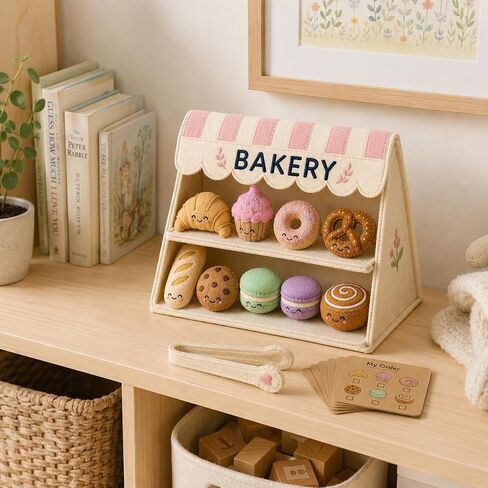 juju Felt Bakery Stand – Cream and Blush Striped Awning with Embroidered BAKERY Sign – 8 Soft Felt Pastries with Kawaii Faces – Fold-Flat Design with Fabric Tongs and Order Cards in Kuwait