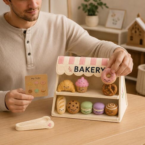 juju Felt Bakery Stand – Cream and Blush Striped Awning with Embroidered BAKERY Sign – 8 Soft Felt Pastries with Kawaii Faces – Fold-Flat Design with Fabric Tongs and Order Cards in Kuwait