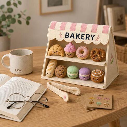 juju Felt Bakery Stand – Cream and Blush Striped Awning with Embroidered BAKERY Sign – 8 Soft Felt Pastries with Kawaii Faces – Fold-Flat Design with Fabric Tongs and Order Cards in Kuwait