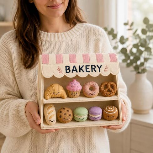 juju Felt Bakery Stand – Cream and Blush Striped Awning with Embroidered BAKERY Sign – 8 Soft Felt Pastries with Kawaii Faces – Fold-Flat Design with Fabric Tongs and Order Cards in Kuwait