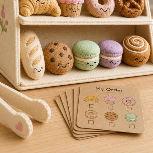 juju Felt Bakery Stand – Cream and Blush Striped Awning with Embroidered BAKERY Sign – 8 Soft Felt Pastries with Kawaii Faces – Fold-Flat Design with Fabric Tongs and Order Cards in Kuwait