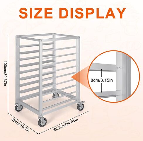 Commercial 9-Tier Aluminum Speed Rack with Brake Wheels, 3in Tier Spacing Bakery Cooling Rack, Multi-Pan Storage Rack for Bakery, Pizza Shop, Cafeteria & Household Kitchen in Kuwait