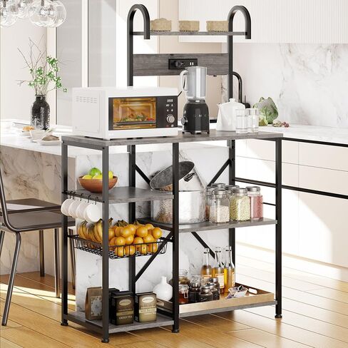 Shintenchi Kitchen Bakers Rack with Power Outlet, Multifunctional Organizer & Storage with 6 Hooks, Microwave Oven Stand, and Coffee Station Shelf, Grey in Kuwait