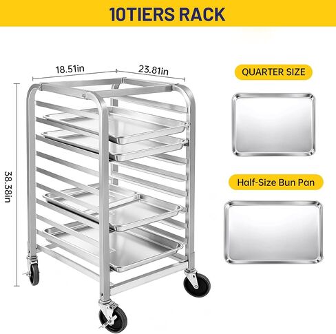 10-Tier Commercial Bun Pan Rack with Brake Wheels, Heavy-Duty Aluminum Alloy Bakery Storage Rack, 530 lbs Capacity, 26" L x 20.3" W x 39" H in Kuwait