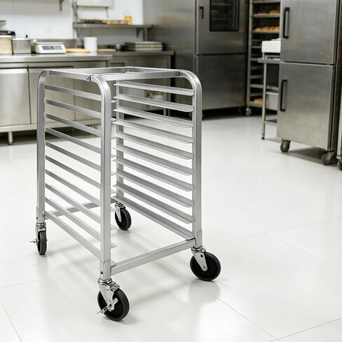 10-Tier Commercial Bun Pan Rack with Brake Wheels, Heavy-Duty Aluminum Alloy Bakery Storage Rack, 530 lbs Capacity, 26" L x 20.3" W x 39" H in Kuwait