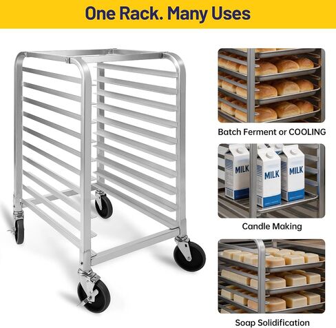 10-Tier Commercial Bun Pan Rack with Brake Wheels, Heavy-Duty Aluminum Alloy Bakery Storage Rack, 530 lbs Capacity, 26" L x 20.3" W x 39" H in Kuwait