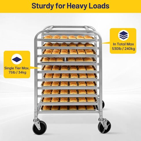 10-Tier Commercial Bun Pan Rack with Brake Wheels, Heavy-Duty Aluminum Alloy Bakery Storage Rack, 530 lbs Capacity, 26" L x 20.3" W x 39" H in Kuwait