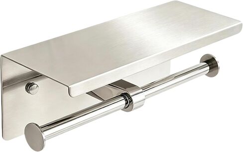 Double Toilet Paper Holder with Shelf, 304 Stainless Steel Wall Mount Bathroom Tissue Roll Holder with Shelf, Brushed Silver Commercial Tissue Dispenser in Kuwait