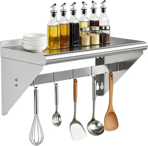 Commercial Stainless Steel Shelf with 5 Hooks 12" x 24", Wall Mounted Food Service Storage Rack Shelves, Heavy Duty 250 lb Metal Shelf for Kitchen, Restaurant, Food Truck, Garage, Laundry Room in Kuwait