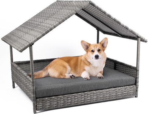 Heeyoo Wicker Dog House، سرير كلب راتان مرتفع مع مظلة، بيت كلب كبير في الهواء الطلق مع وسادة مقاومة للماء، بيت كلب خارجي من الروطان للكلاب الصغيرة والمتوسطة والكبيرة مع غطاء واقي in Kuwait