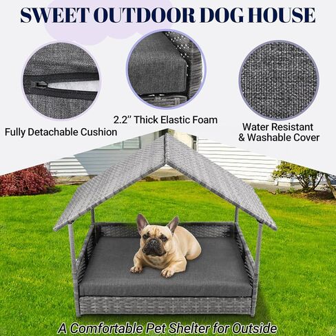 Heeyoo Wicker Dog House، سرير كلب راتان مرتفع مع مظلة، بيت كلب كبير في الهواء الطلق مع وسادة مقاومة للماء، بيت كلب خارجي من الروطان للكلاب الصغيرة والمتوسطة والكبيرة مع غطاء واقي in Kuwait