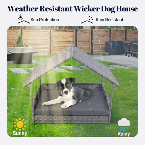 Heeyoo Wicker Dog House، سرير كلب راتان مرتفع مع مظلة، بيت كلب كبير في الهواء الطلق مع وسادة مقاومة للماء، بيت كلب خارجي من الروطان للكلاب الصغيرة والمتوسطة والكبيرة مع غطاء واقي in Kuwait