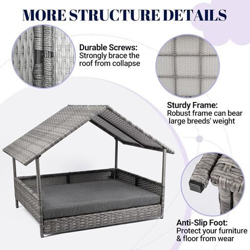 Heeyoo Wicker Dog House، سرير كلب راتان مرتفع مع مظلة، بيت كلب كبير في الهواء الطلق مع وسادة مقاومة للماء، بيت كلب خارجي من الروطان للكلاب الصغيرة والمتوسطة والكبيرة مع غطاء واقي in Kuwait