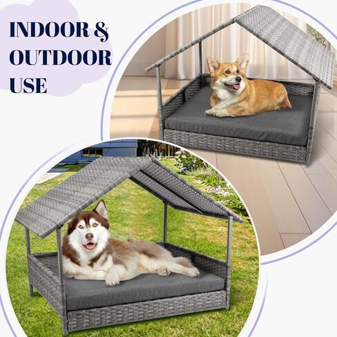 Heeyoo Wicker Dog House، سرير كلب راتان مرتفع مع مظلة، بيت كلب كبير في الهواء الطلق مع وسادة مقاومة للماء، بيت كلب خارجي من الروطان للكلاب الصغيرة والمتوسطة والكبيرة مع غطاء واقي in Kuwait