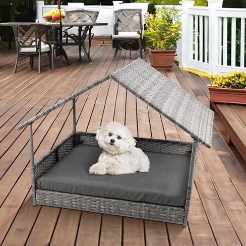 Heeyoo Wicker Dog House، سرير كلب راتان مرتفع مع مظلة، بيت كلب كبير في الهواء الطلق مع وسادة مقاومة للماء، بيت كلب خارجي من الروطان للكلاب الصغيرة والمتوسطة والكبيرة مع غطاء واقي in Kuwait