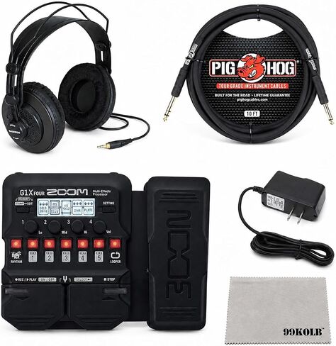 Zoom G1X FOUR Guitar Multi-Effects Processor Bundle with Samson SR850 Studio Reference Headphones, PigHog PH10 High Performance Guitar Cable, 9V Power Adapter and 99KOLB Polishing Cloth in Kuwait
